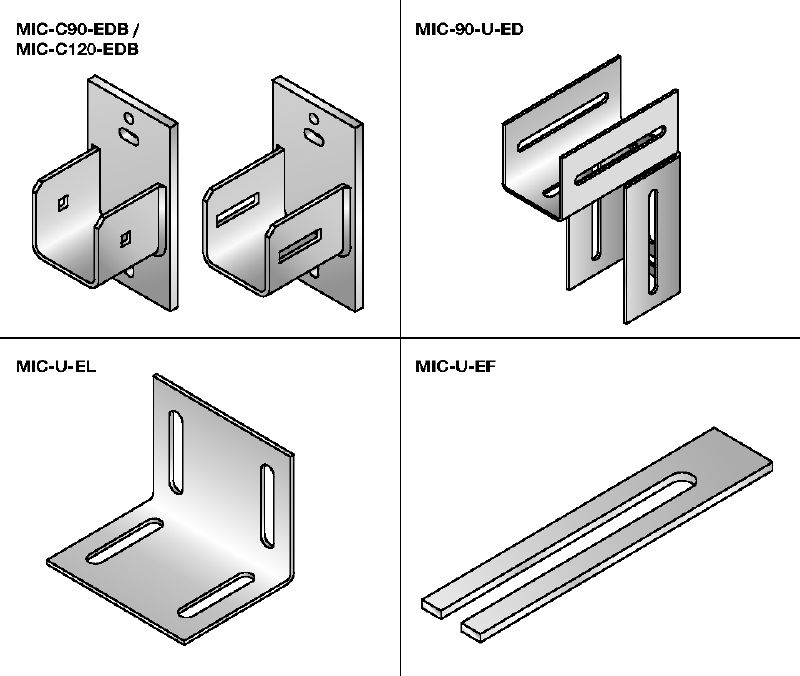 MIC Connector Hot-dip galvanized (HDG) connectors for flexible installation of horizontal divider beams in elevator shafts